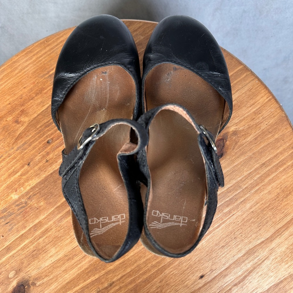 Dansko Mary Jane Clogs Womens 39 Black Good Leather Wedge Buckle Strap 0746 - Picture 13 of 14